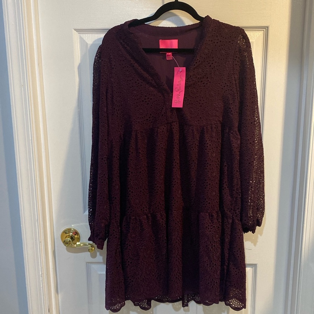 LILLY PULITZER WINONA L/S CHERRY GANACHE KALEIDOSCOPE CHIFFON EYELET DRESS M